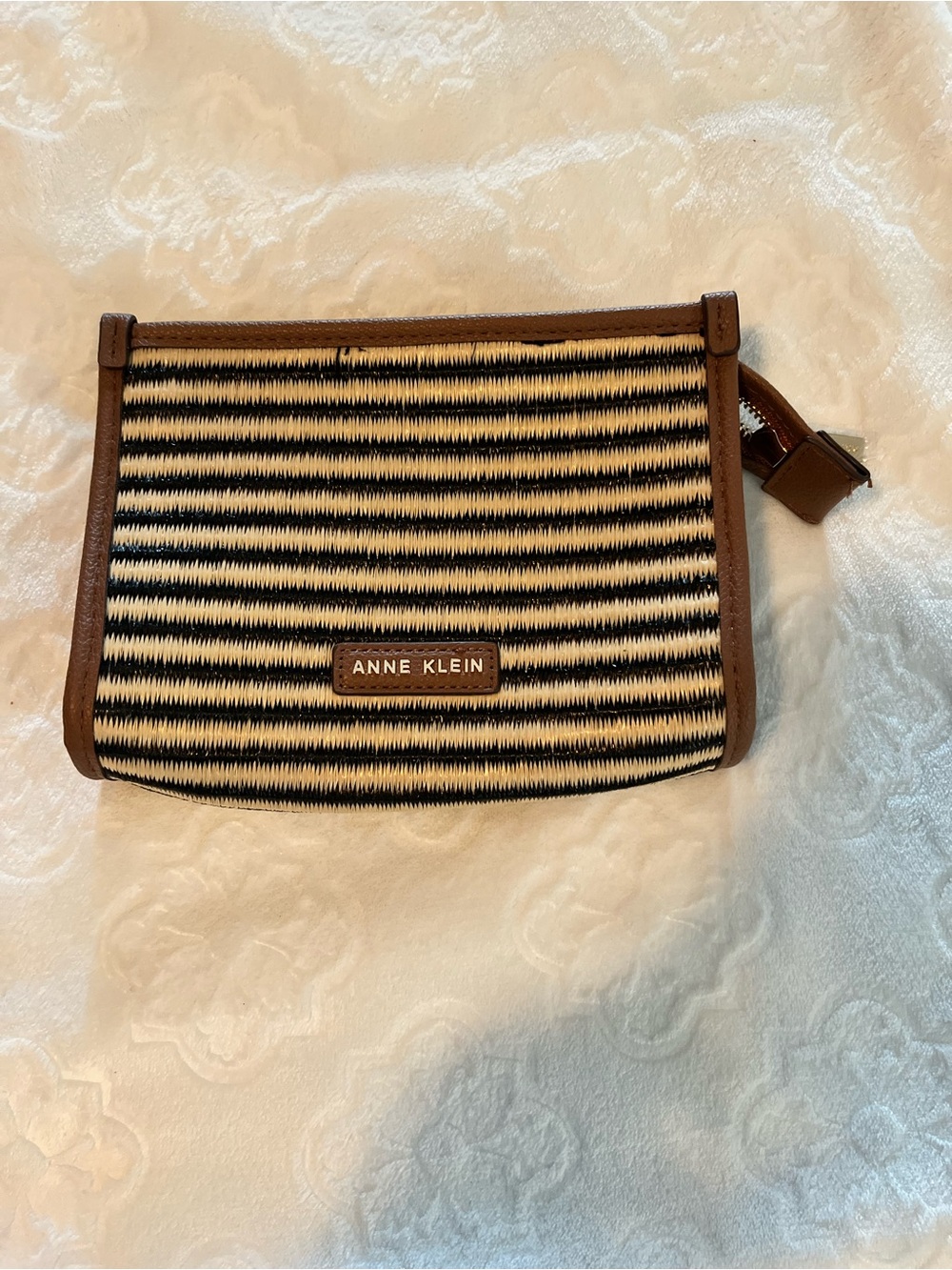 Anne Klein Black & Cream Striped Wristlet with Brown Trim